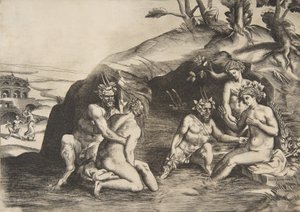 Nymfer og Satyrer som bader, 1531-76. av Giulio Bonasone