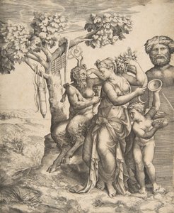 Pan til venstre ved siden av en stående nymfe, til høyre Amor som holder cymbaler, 1531-76. av Giulio Bonasone