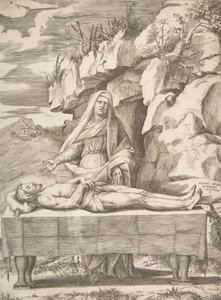 Pieta, Kristus strakt ut på et bord i et landskap, Jomfruen stående bak våpen ..., 1531-76. av Giulio Bonasone