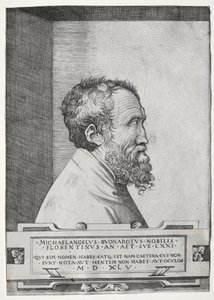Portrett av Michelangelo i profil vendt mot høyre av Giulio Bonasone