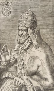 Portrett av pave Marcellus II, høyre hånd hevet vendt mot venstre, ca. 1555. av Giulio Bonasone
