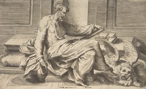 Markus skrev sitt evangelium, bevinget løve til høyre, 1531-76. av Giulio Bonasone