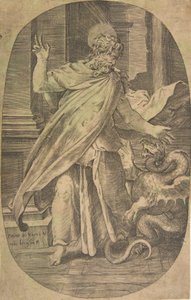 St Paul overvinner hoggormen, i en arkitektonisk setting, en oval komposisjon, ca. 1540-70. av Giulio Bonasone