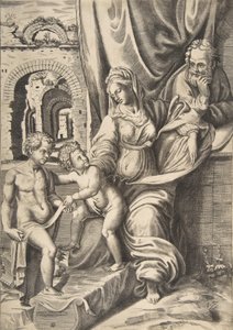 Den hellige familie og spedbarnet døperen Johannes, 1531-76., 1531-76. av Giulio Bonasone