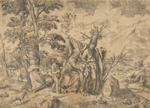 Hvilen på flukt til Egypt, Josef til høyre, Jomfruen holder Kristusbarnet i..., 1531-76. av Giulio Bonasone