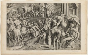 Den trojanske hesten blir dratt inn i byen Troy av Giulio Bonasone
