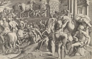 Trojanerne drar trehesten inn i Troja, 1545. av Giulio Bonasone