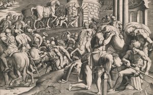 Trojanerne trekker trehesten inn i byen, 1545. av Giulio Bonasone