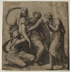Jomfruen besvimer i armene til tre hellige kvinner. av Giulio Bonasone