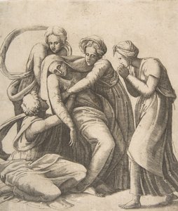 Jomfruen besvimer og blir støttet i armene til de hellige kvinnene, 1531-76. av Giulio Bonasone