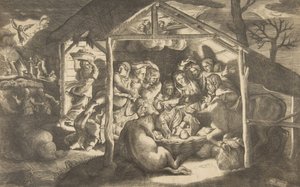 Tilbedelsen av hyrdene, forskjellige skikkelser rundt Kristusbarnet i århundret, 1531-76. av Giulio Bonasone