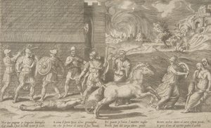 Kampen til Hector og Achilles, og Achilles som drar kroppen til Hector rundt ..., 1531-76.