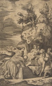 Kristi gravlegging, korsene på Golgata synlig i venstre bakgrunn, 1563. av Giulio Bonasone
