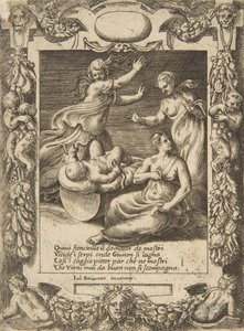 Spedbarnet Hercules dreper slangene, satt innenfor en forseggjort ramme, fra 