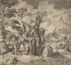 Resten av den hellige familie på deres flytur til Egypt, 1531-76. av Giulio Bonasone