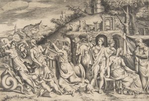 Historien om Jason og Medea til venstre bærer hun av sønnen, i midten er hun ..., 1531-76. av Giulio Bonasone