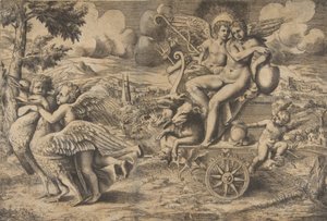 Triumfen til Amor og Psyke som sitter på en vogn trukket av to fugler hviler..., ca. 1550-67. av Giulio Bonasone
