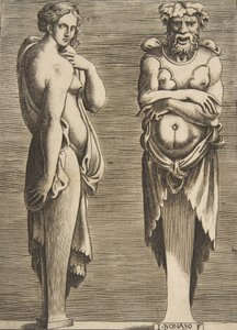 Two Terms, en nymfe til venstre Silvanus til høyre, ca. 1530-50. av Giulio Bonasone