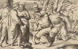 To satyrer som bringer Silenus-kongen Midas stående til venstre, 1531-76. av Giulio Bonasone