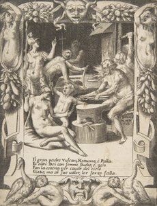 Vulkan, Neptun, Athena og andre guder som lager sjakler for å trekke Jupiter fra himmelen..., 1531-76. av Giulio Bonasone