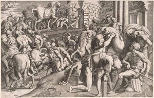 Trojanerne drar trehesten inn i Troja av Giulio Bonasone, after Francesco Primaticcio