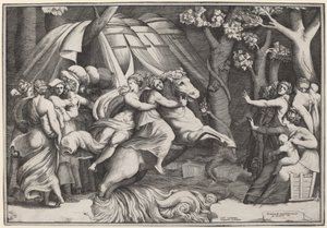 Clelia krysser Tiberen av Giulio Bonasone after Polidoro da Caravaggio