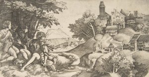 Til venstre fire gjetere med musikkinstrumenter under en gruppe trær..., ca. 1517