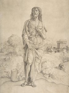 Døperen Johannes står i landskap, figurer og bygninger i bakgrunnen, ca. 1505-10.