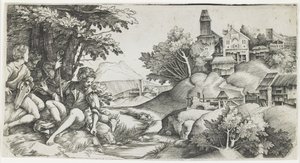 Hyrder i et landskap, ca. 1517-1518 av Giulio Campagnola