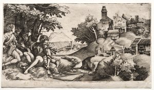 Hyrder i et landskap, ca. 1517. av Giulio Campagnola