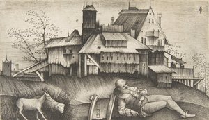 Den gamle gjeteren liggende i et landskap, bygninger bak, en geit og en sau til th..., ca. 1500-1515. av Giulio Campagnola
