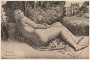 Venus liggende i et landskap, ca. 1508-09 av Giulio Campagnola