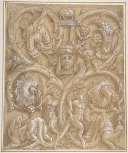 Design for et dekorativt panel med Rinceaux, Satyrs, Putti, monstre og et menneskehode, 1535-45. av Giulio Campi.