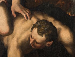North Transept, alteret til St. Mikael erkeengelen, erkeengelen Mikael dreper den onde, Giulio Campi 1566, Detalj av Giulio Campi