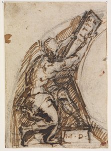 Sittende mann med skrivebrett(?). Arkitektur detalj av Giulio Campi