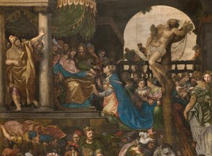 Vegg overfor motfasaden til det sørlige tverrskipet, Giuseppe Campi, Triumph of Mordecai 1567, Detalj høy del av Giulio Campi
