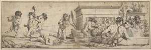Bacchanal med spedbarnssatyrer og putti til venstre, en naken mannsskikkelse lener seg foran o..., 1633-78.