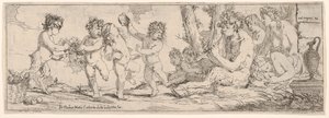 Bacchanal med satyr som spiller lut og omgitt av fire skikkelser, som ser mot en s..., 1640-60.