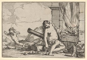 Brann, representert av Venus sittende foran Vulcans smiing, med rustning, en kanon og kanon..., 1640-60.