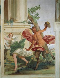 Nymfe Korsika jaget av Satyr som drar bort parykken hennes av Giulio Carpioni