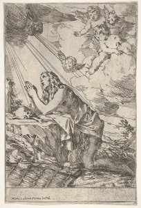 Anklagende Magdalen kneler på steinete grunn foran en hodeskalle og bein, en salve ..., ca. 1640-55.