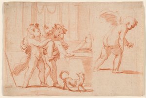 To Putti som bærer en tredje putto; Nok en Putto fra baksiden