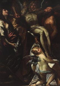 Nedstigningen fra korset med de hellige Maria Magdalena, Augustin, Hieronymus og engler, ca. 1618