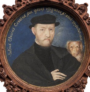 Selvportrett med hund, 1528 av Giulio Clovio