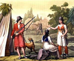 Buccaneers og kvinner flibustier: Piraten Jack Rackham sier Red eller John Rackham, bedre kjent som Calico Jack (? -1720) representert med Anne Bonny (Bonney) og Mary (Marc) Read i Vestindia. Tallerken hentet fra "" Det gamle og moderne kostymet"" av F