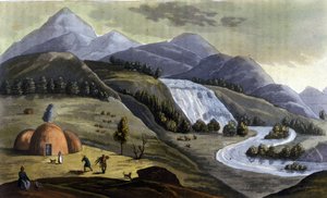 Landskap i Lappland (territorier som tilhører Norge, Sverige, Finland og Russland), boliger for urbefolkningen (samer) i "" Den gamle og moderne drakten"" av Ferrario, red. Milan