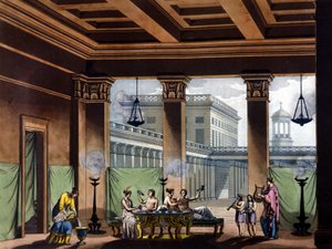 Triclinium tente oljelamper i antikkens Hellas: bankettscene - i Den gamle og moderne drakten av Jules Ferrario, red. Milan