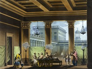 Triclinium opplyst med oljelamper i antikkens Hellas: bankettscene - i "" Den gamle og moderne drakten""" av Jules Ferrario, red. Milan