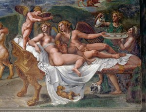 Amor og psyke med datteren Voluptas (glede) liggende på sengen, detalj fra bryllupsfest eller gudenes bankett, freskomaleri av Giulio Romano (1499-1546), Palazzo Te, Mantua (UNESCOs verdensarvliste, 2008), Lombardia, Italia