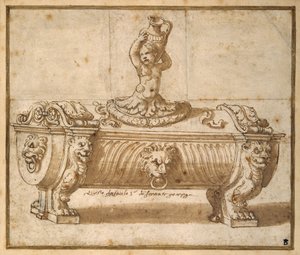 Design for en søtkjøttboks (penn og brunt blekk med vask på papir) av Giulio Romano